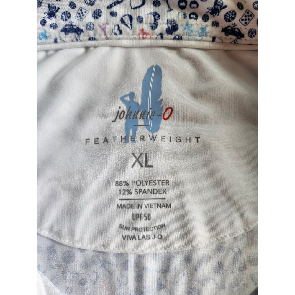 Johnnie-O Viva Las J-O Polo Shirt XL Vegas Novelty Micro Print White Blue Golf - Picture 3 of 9